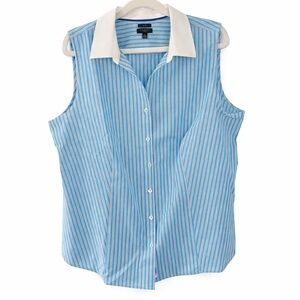 Talbots Aqua and White Striped Sleeveless Button Front Cotton Blouse Classic 16p